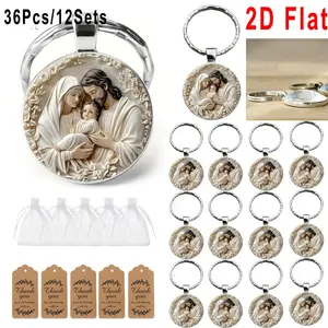 36pcs/12sets 2D Flat Mary Jesus Keychains Gift Set, Includes 12 Keychains, 12 Mesh Bags, 12 Thank You Cards, Alloy Pendant, Christmas, Easter, Birthday Gifts, Faith Daily Wear Ornaments, Holiday Party Souvenir, Gift Bag Filler & Keepsake Present