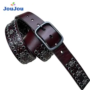 European and American Style Rivet Belt for Men Punk Style Personality Hollow Out Hip Hop Style Unisex Top Layer Cowhide Belt