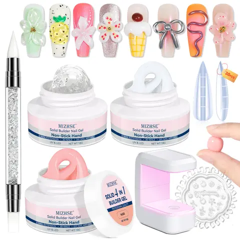 MIZHSE Complete Poly Gel Nail Kit for Adults, UV-LED Lamp, Forms, Clear/Milky White/Nude Hard 3D Sculpting Gel, Acrylic Overlays Supplies, Rhinestone Glue, Long-Lasting Silicone Formula for Manicure at Home