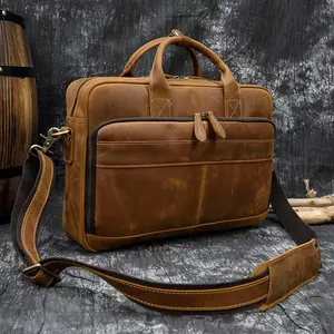 Personalized Cowhide Leather Men's Briefcase Business Bag Messenger Bag with Durable Strap and Zipper Closure