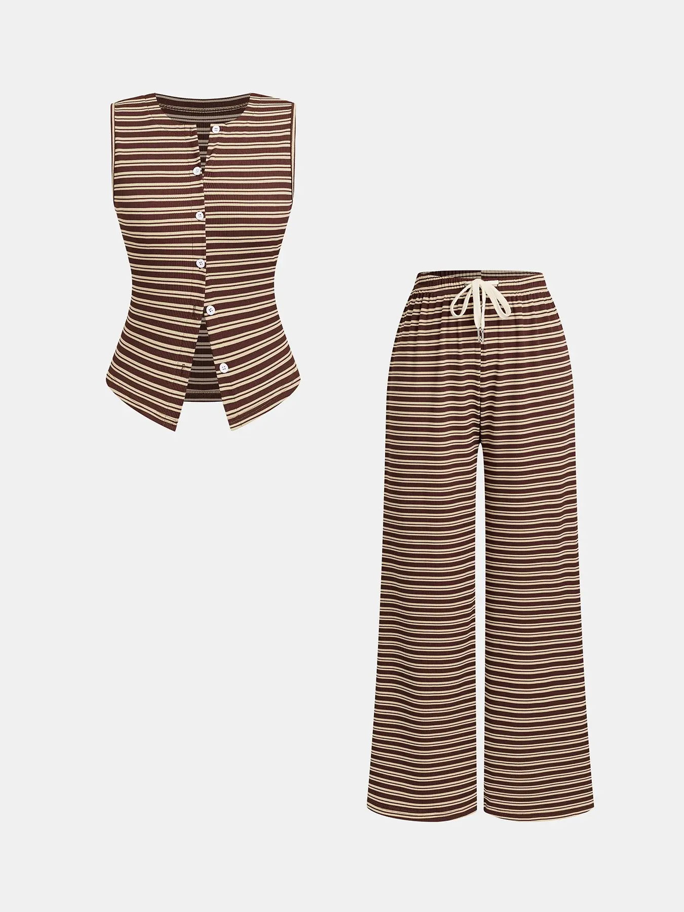 Elegant Striped Sleeveless Fitted Vest Set, Drawstring Adjustable Wide Leg Pants, 2-Piece for Women, Womenswear, Fashion Clothing Set, Casual Matching Sets, Stylish, Chic and Comfortable Fashion, Casual Style Set, Summer Knit Set