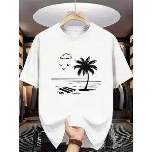 100% Cotton Men's T-Shirt |   Short Sleeve |   Printed Pattern (Palm Trees & Beach Scenery, Birds in Flight) |   Outdoor Casual |   Men's Summer Fashion Top |   Trendy Fashion Top