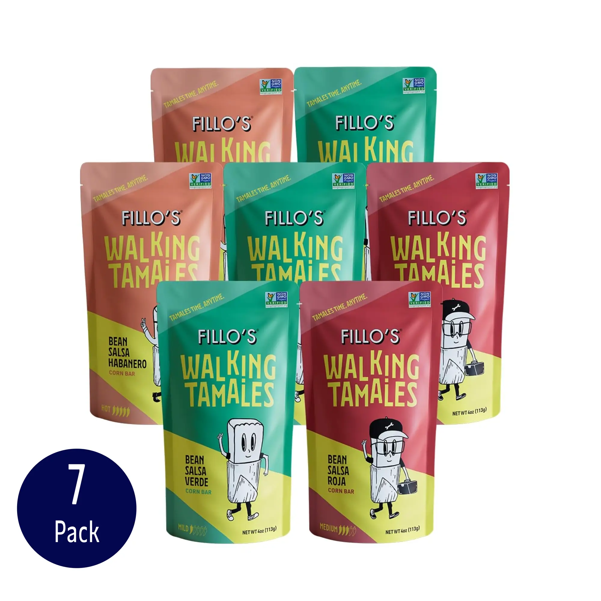 Fillo's Walking Tamales Variety Pack of 7, Ready-to-Eat, Gluten-Free, Vegan, Microwavable (3 Salsa Verde, 2 Salsa Roja, 2 Habanero)