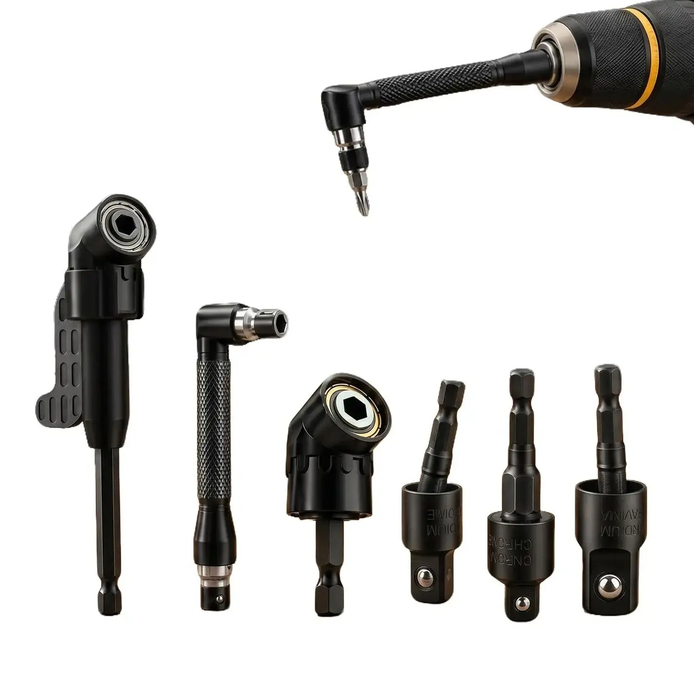 6PCS Right Angle Drill Attachment Set – 90 Degree Drill Adapter, 105 Degree Angle Extension, 360 Degree Rotating Impact Socket Adapters, Heavy Duty Drill Accessories for Tight Spaces