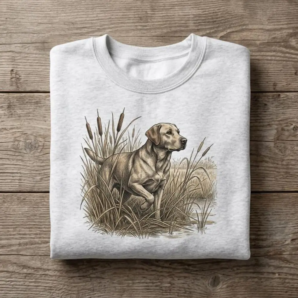 Women's Fitted Crew Neck Polyester-Cotton Blend Sweatshirt - Yellow Lab Graphic, Vintage Casual Pullover for Dog Owners, Retro Wetlands Art Top, Digital Premium Print, All Seasons, Hand Wash Only