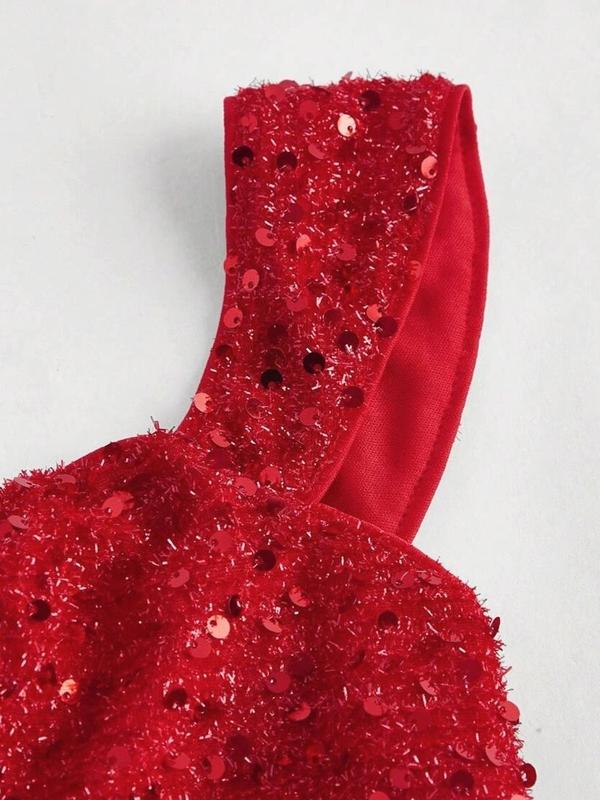 Women Red Sequin Off-Shoulder Mini Dress Fairy Core Tube Dress New Year Party Outfit