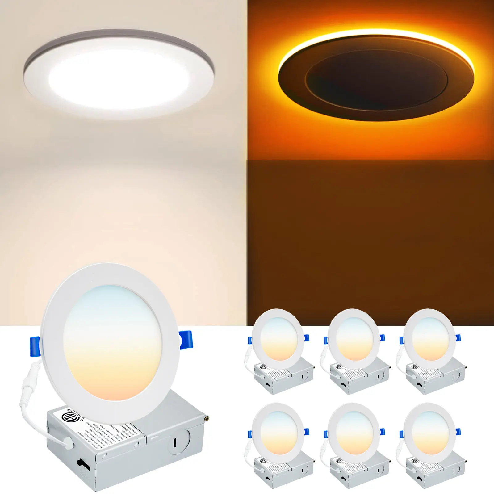 CLEARANCE 6In Recessed LED Ceiling Downlights With Night Light, ETL & IC Listed, 12W 1050LM Bright Beam, 6CCT 2000K-5000K Adjustable, 0-10V Dimming Sets Your Ideal Glow, 110-130V Ultra-Thin Dimmable, for Living Room Bedroom, LED Lights Bedroom,6,12Pack