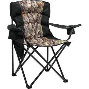 Camping Chair Folding Heavy Duty Quad Outdoor Large Lawn Chairs Portable Support 400 lbs Padded Thicken Oxford with Armrests, Storage Bag, Cup Holder, Carry Bag for Outside(Camo)