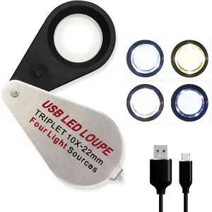 10X Rechargeable Jewelers Loupe with UV & LED Lights, Four Light Modes, Illuminated 22mm Eye Loop Magnifier Pocket Folable Jewelry Magnifying Glass for Jewelry, Currency, Gemstone, Coins, Stamps