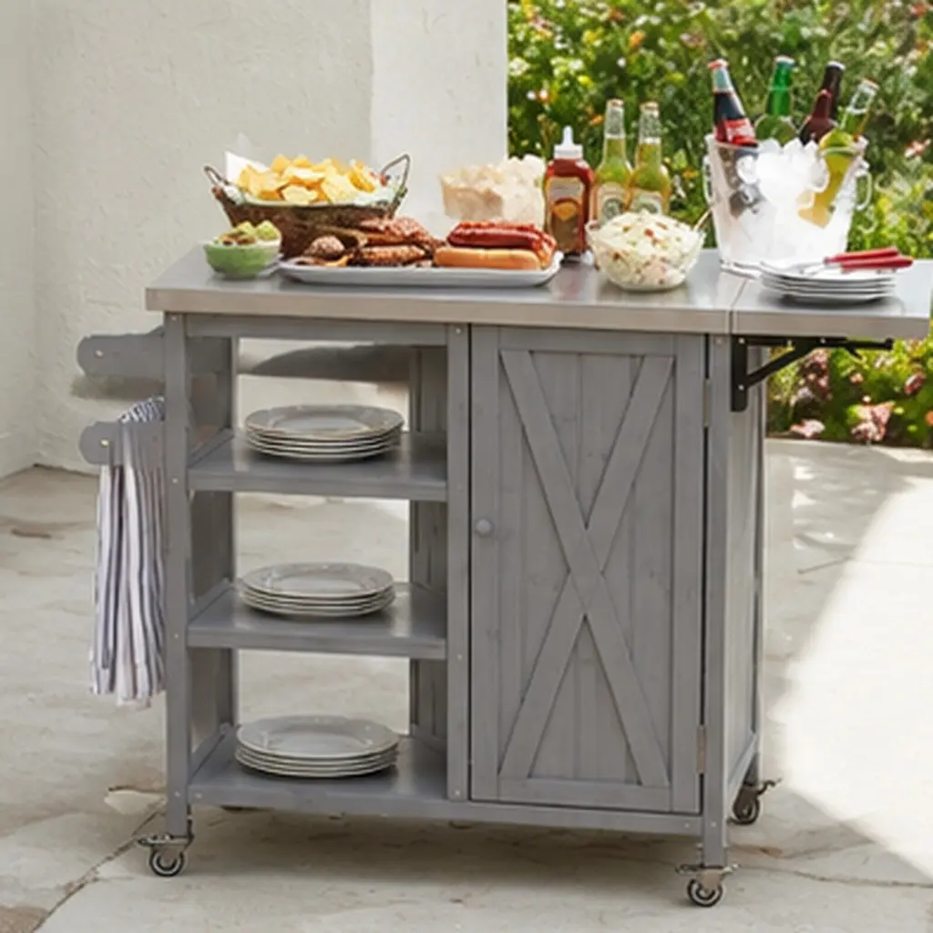 Foldable Outdoor Kitchen Island Cart with Lockable Wheels, Stainless Steel Worktop, Fir Wood Storage Cabinet, Towel Rack, Portable Prep Station for Patio Garden BBQ, Grey, Grey Color Options, Wood + Stainless Steel Material, American Design Styl