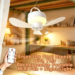 Portable USB Rechargeable Fan Lamp, Remote Control 5-Speed Adjustment, Quiet Wall-Mounted Ceiling Fan, Ideal for Camping & Dorms