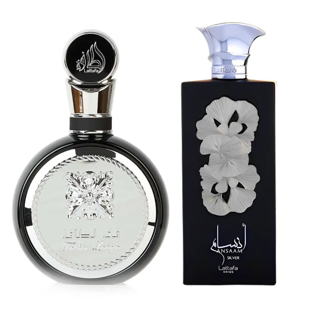 Lattafa Men's Arabian Perfumes Multi-Pack - 2-Piece Boxed/Packaged Fragrance Set, Ansaam Silver Bottle, Fakhar Silver Bottle, 3.4oz Each, Distinct Scent Profiles, Long-Lasting Fragrance