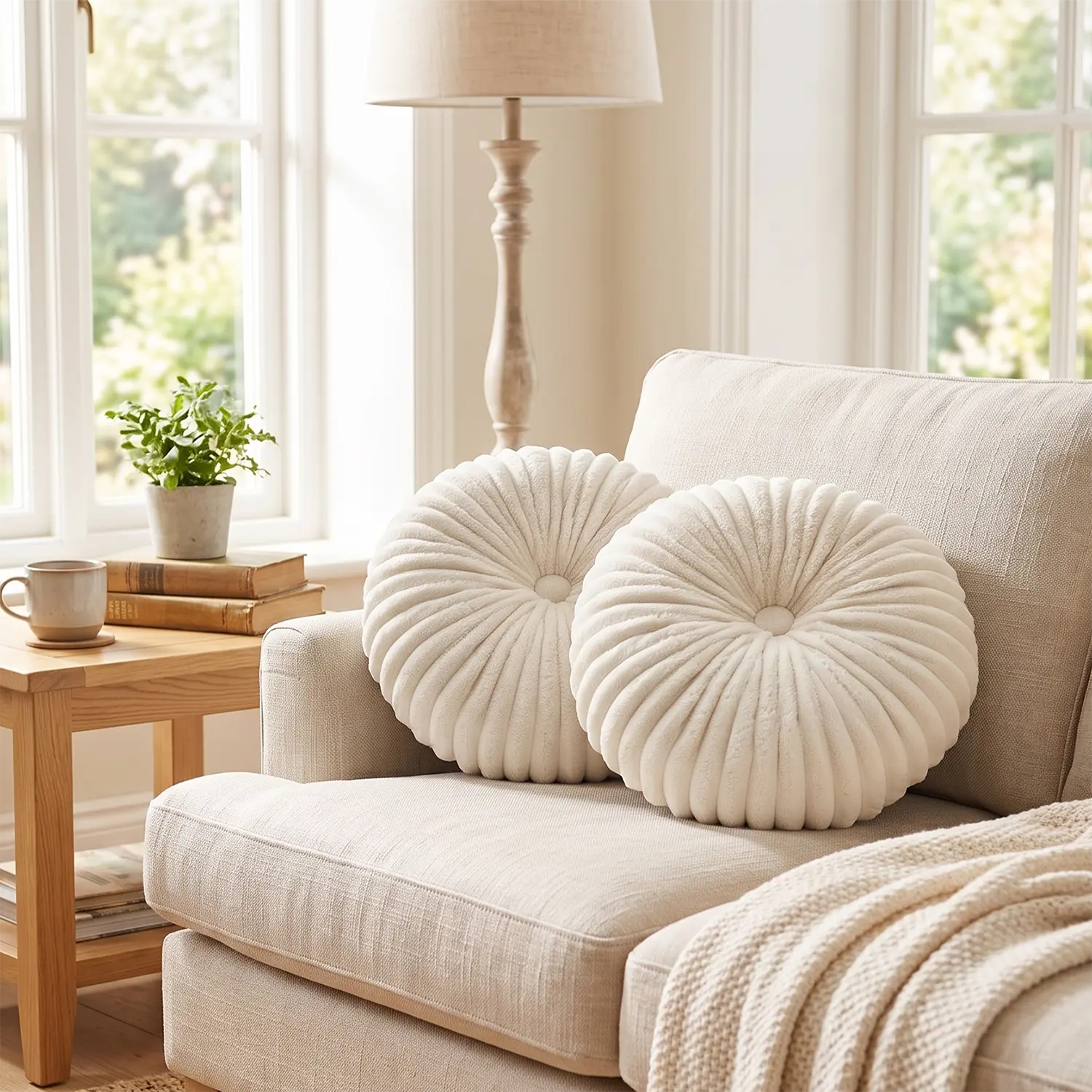 HIG 2 Set Ruched Pumpkin Velvet Round Throw Pillows, Soft Decor Pillows for Sofa Bed Living Room