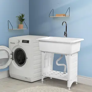 VINGLI Spacious White Utility Sink Laundry Tub for Laundry Room, Garage Washing Station, Slop Sink, Freestanding Sink with Stainless Steel Faucet, Drain, Storage Shelf and Removable Drainboard,White