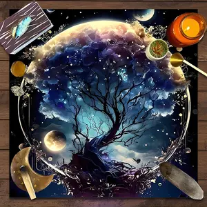 Mystical Celestial Tree Design Square Tarot Tablecloth, Witch-style home decor Altar Cloth Multiple Sizes Polyester Fabric, Easy to Clean and Maintain Decorative Divination Cloth for Spreads & Rituals Gift for family and friends