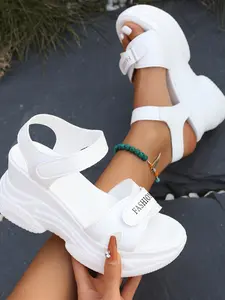 Women's Thick Sole Sandals, Magic Tape Chunky Heel Slippers, Summer New Height Increasing Casual Shoes, Fashionable Comfortable Design, Casual Wear