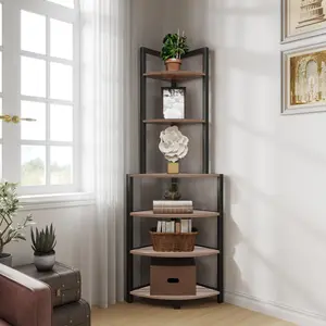6-Tier Corner Open Shelf Modern Bookcase Wood Rack Freestanding Shelving Unit,Plant Album Trinket Sturdy Stand Small Bookshelf Space-Saving for Living Room Home Office Kitchen Small Space Rustic Brown organizer corner