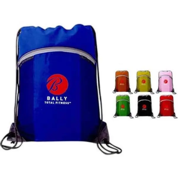 Adults' 210D Polyester Athletic Drawstring Gym Bags, 14"x19" Pack of 25 Black Synthetic Cinch Sacks with Contrasting Colored Band, Curved Zipper Pocket, Reinforced Corners, Mesh Sides, Gym Fit Sport Drawstring Bags