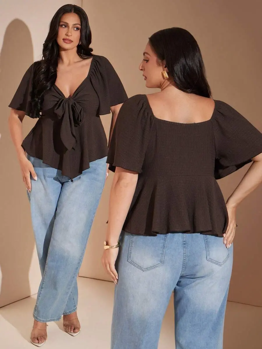 Plus Size Women Brown Tie Front Blouse, Black And White, Party French Square Neck Lace Ruffle Sleeve Top