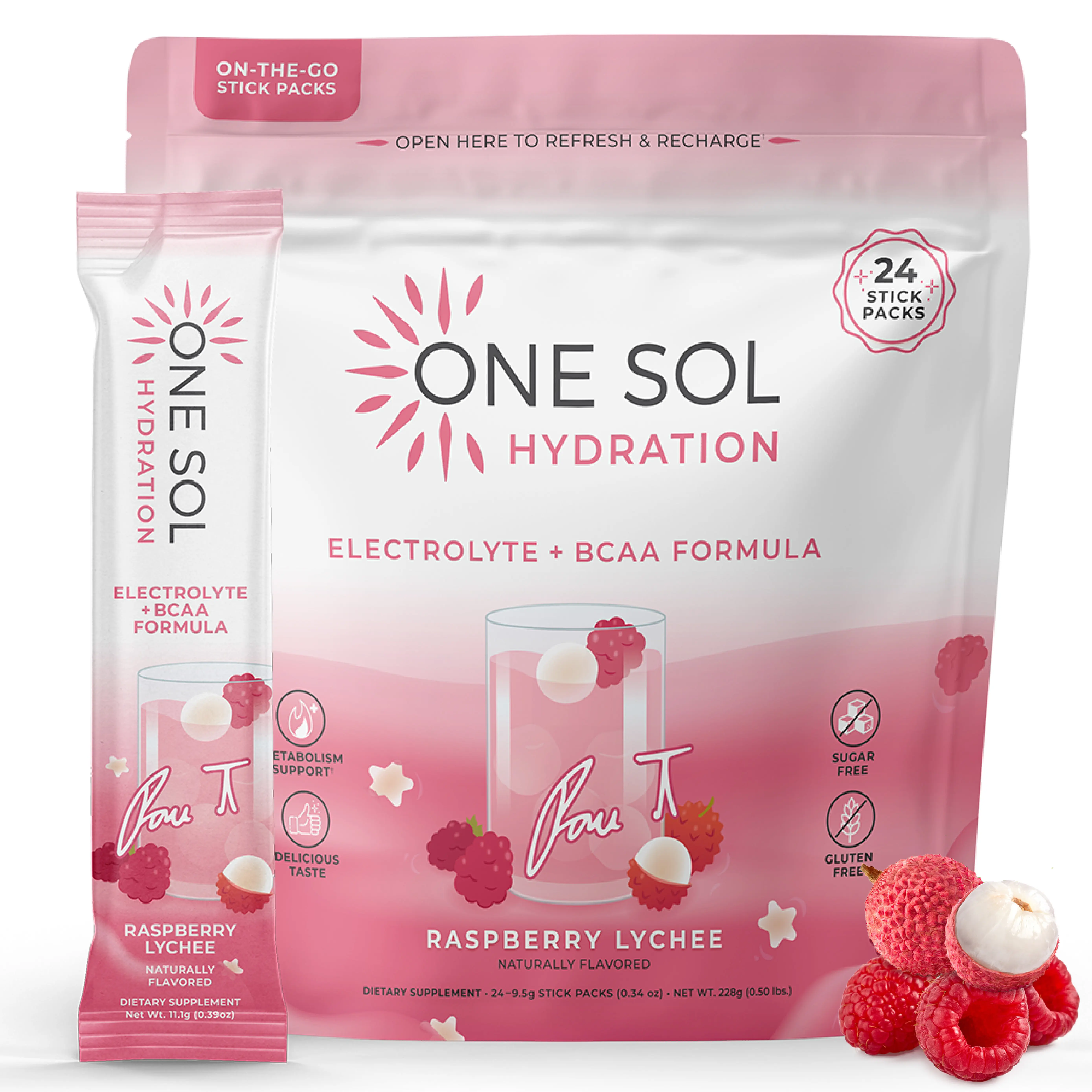 One Sol Hydration - Raspberry Lychee Flavor ft. Pau Torres - On The Go Lean Hydration + Electrolytes, BCAA's, Coconut Water, Trace Mineral Booster - Agua Fresca