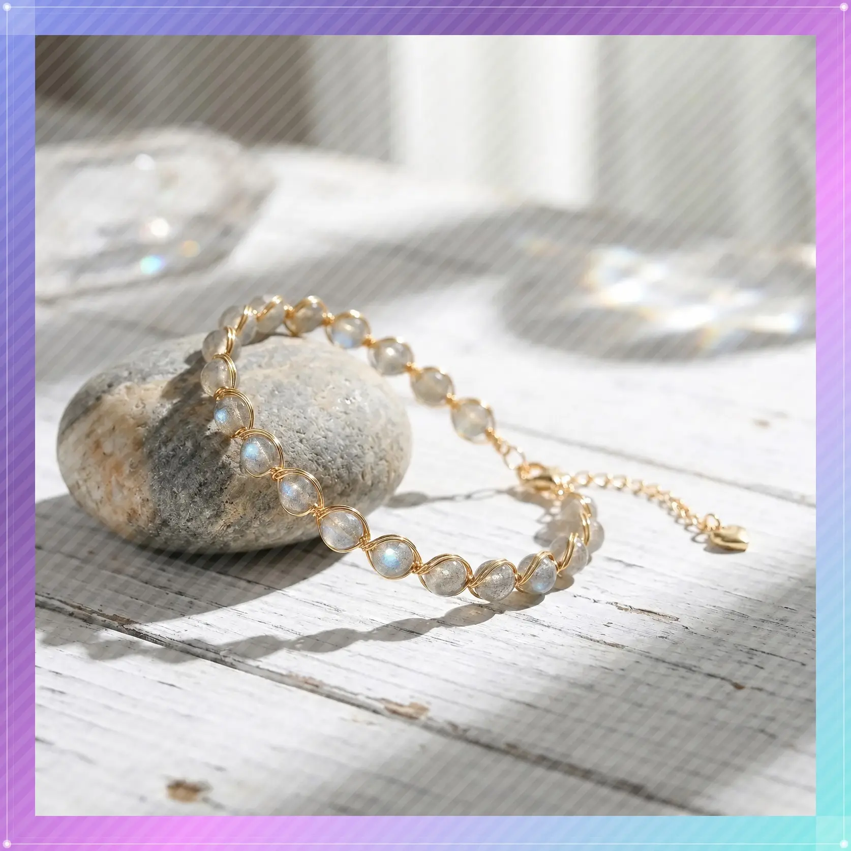 Sofia Natural Moonstone Wire Wrapped Bracelet | 14K Gold Filled Wired Bracelets | 5MM Beads Boho Style Jewelry, Gifts for her, Mother's Day Gift