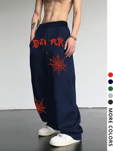 Men's Casual Loose-Fit Jogger Pants, Spider Web Print Drawstring Waistband, All-Season Comfortable Fabric for Everyday Wear