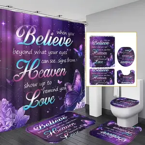 1/4pc Valentine's Day Purple Butterfly Pattern Shower Curtain Set, includes non-slip mat, U-shaped rug, and toilet seat cover. Perfect for bathroom decoration, partitioning, and beautifying the space. Comes with 12 shower curtain hooks.