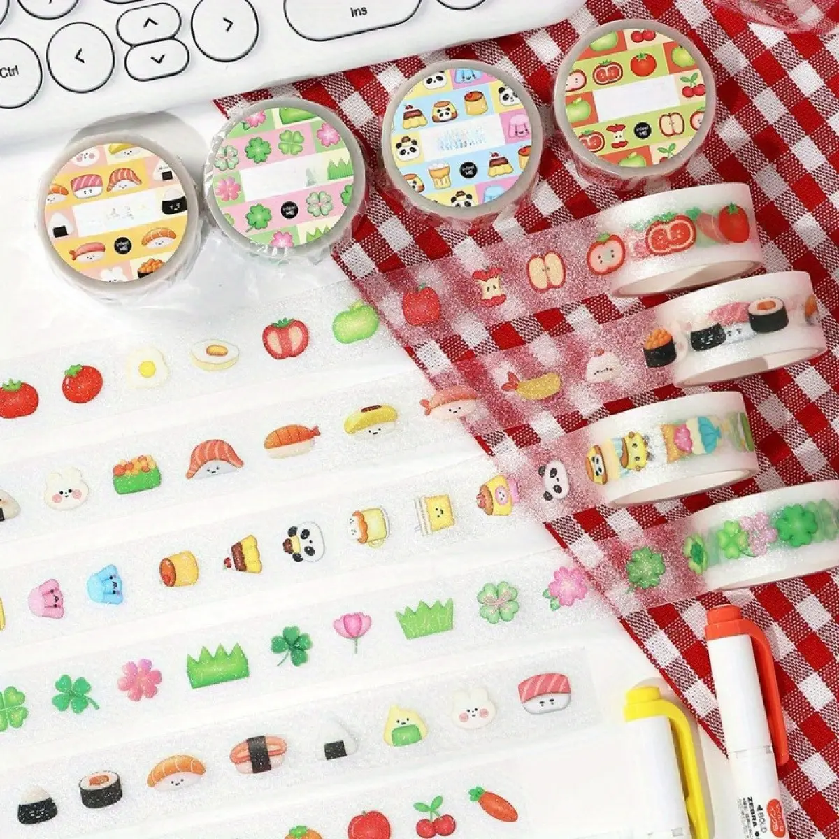 Retro Cute PET (Polyethylene Terephthalate) Flash Sand Die-Cut Tape, 4 Styles 8m Water-Resistant Tape with Food, Animal, Floral, Fruit Patterns for DIY Planners, Scrapbooking,back to school,back to school haul