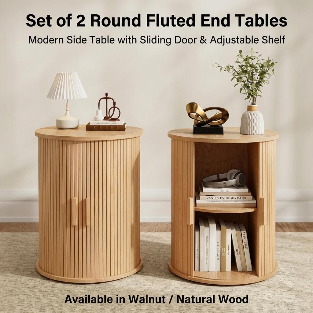 Set of 2 Round Fluted End Tables, Modern Tall Side Table with Sliding Door & Adjustable Shelf, 23.6" Bedside Nightstand for Living Room, Bedroom, Small Space, Walnut/Natural Wood