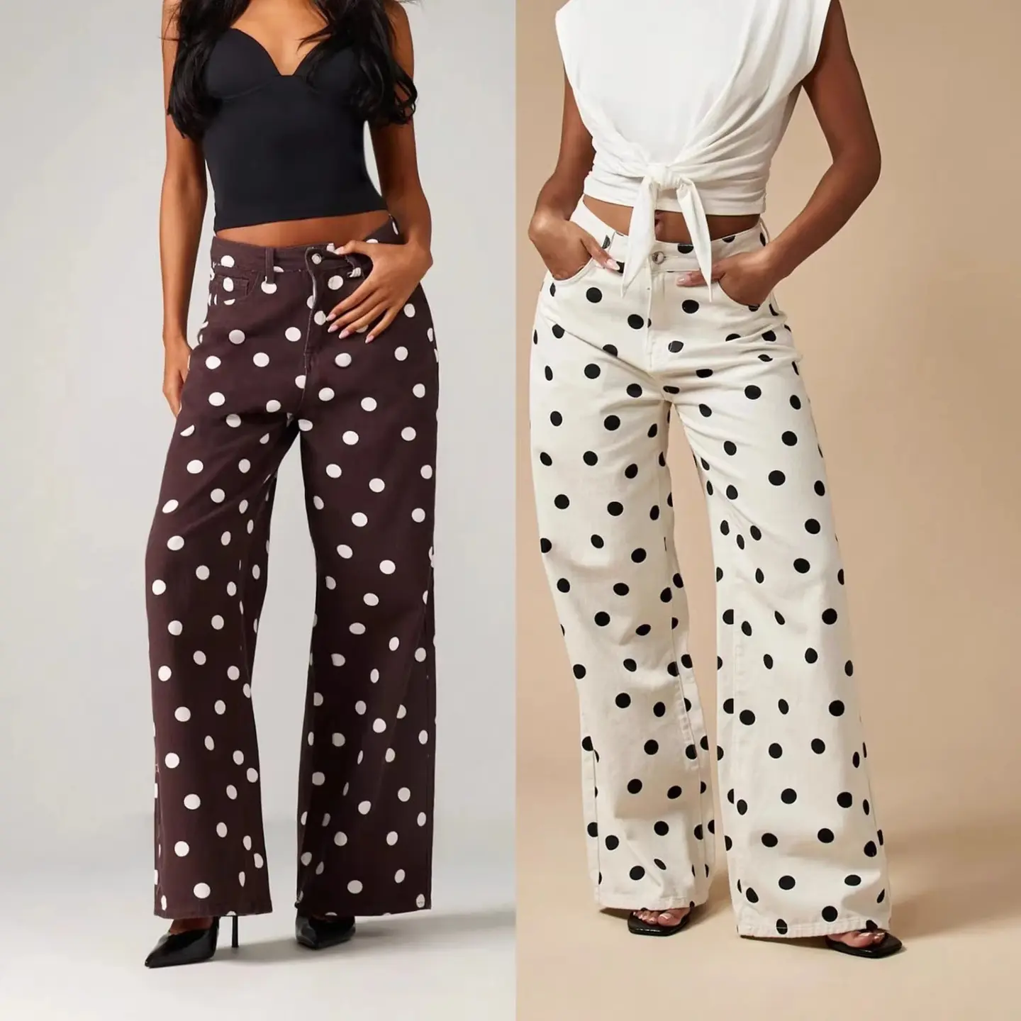 Women's High-Waisted Wide-Leg Denim Trousers - Retro Polka Dot Print, American Style, Loose-Fitting, Multi-Size Vintage Streetwear Bottoms for Casual Everyday Wear