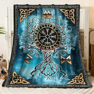 Nordic Mythology Inspired Flannel Blanket with Viking Runes & Celtic Knots Design - Soft Cozy Plush Throw for Bed Couch Sofa, All - Season Warmth Decorative Blanket Featuring Yggdrasil Tree & An