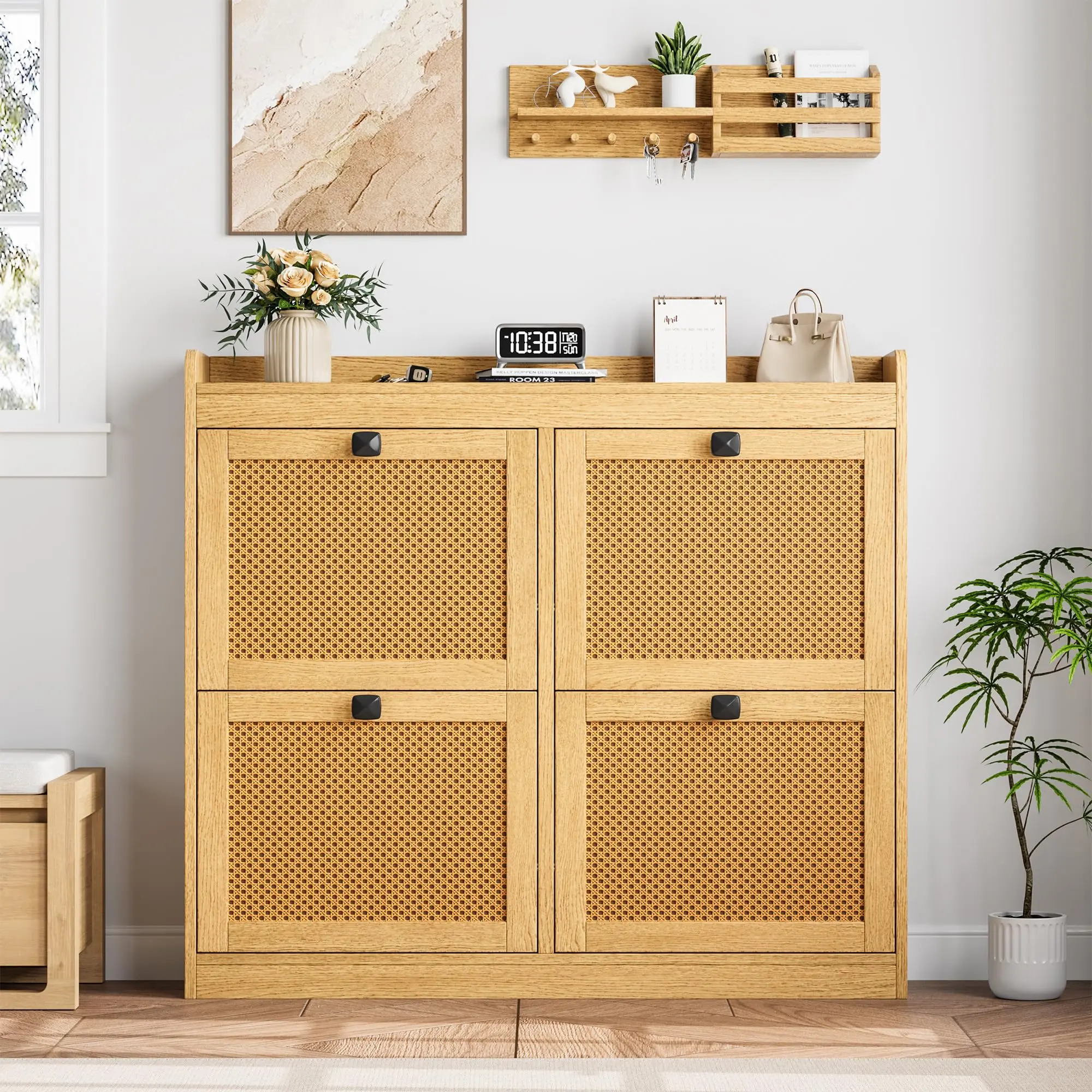 Industrial Safety Storage Cabinet – Black Rattan Design, 4 Turn Drawers, Adjustable Shelves, Secure Locker for Hazardous & Flammable Materials, Anti-Tip for Entryway or Workplace – Black Cabinet Body with Natural Wood Color Panel