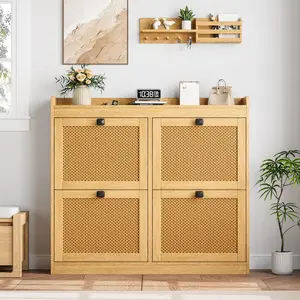 Industrial Safety Storage Cabinet – Black Rattan Design, 4 Turn Drawers, Adjustable Shelves, Secure Locker for Hazardous & Flammable Materials, Anti-Tip for Entryway or Workplace – Black Cabinet Body with Natural Wood Color Panel