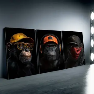 3 pieces - A set of three canvas paintings featuring monkeys wearing hats and headphones as the main characters. These are ideal for decorating living rooms, offices, study rooms or cafes. They are perfect gifts for birthdays, holidays and Easter.