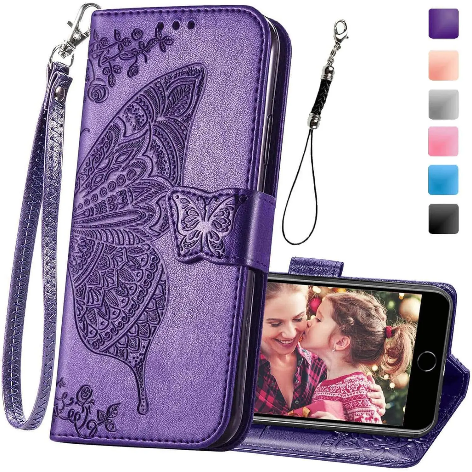 Z-PCS43  Wallet Case for iPhone SE 2020/SE 2022/iPhone 8/iPhone 7,Women Butterfly Embossed PU Leather Stand Card Slots Wrist Strap Flip Folio Cover for iPhone 6/6S/7/8/SE 2nd/SE 3rd Gen (Purple) Detachable Flowers