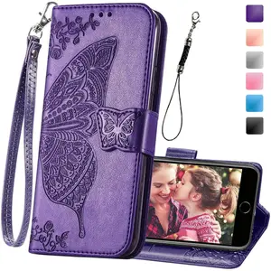 Z-PCS43  Wallet Case for iPhone SE 2020/SE 2022/iPhone 8/iPhone 7,Women Butterfly Embossed PU Leather Stand Card Slots Wrist Strap Flip Folio Cover for iPhone 6/6S/7/8/SE 2nd/SE 3rd Gen (Purple) Detachable Flowers