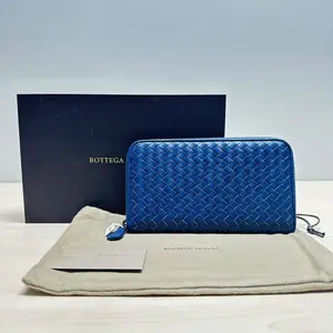 Pre-owned Bottega Veneta Nappa Intrecciato Small Leather Goods Continental Zip Around Large Blue CPU1028
