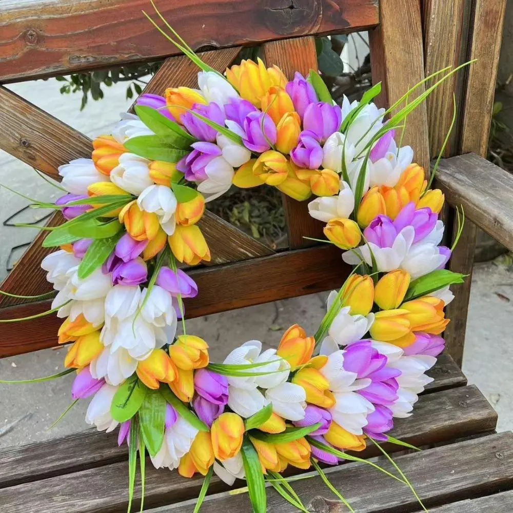 Artificial Door Wreath Spring Tulip Wreath for Front Door, Mothers Day Artificial Flower Wreaths with Pink Tulips for Wall Window Party Wedding Decor