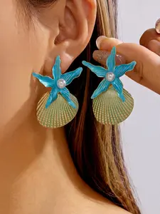 Ocean Wind Shell Pearl Star Flower Earrings, Ocean Vibes Dangles, Summer Beach Vacation Wear, Women's Gift, Perfect for Ladies' Fashion Accessories, Trendy Jewelry