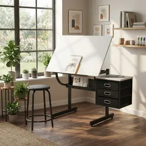 Adjustable Drafting Drawing Table with Stool & 3 Storage Drawers, Tiltable 0-75°, Multifunctional Art Desk (Black & White)