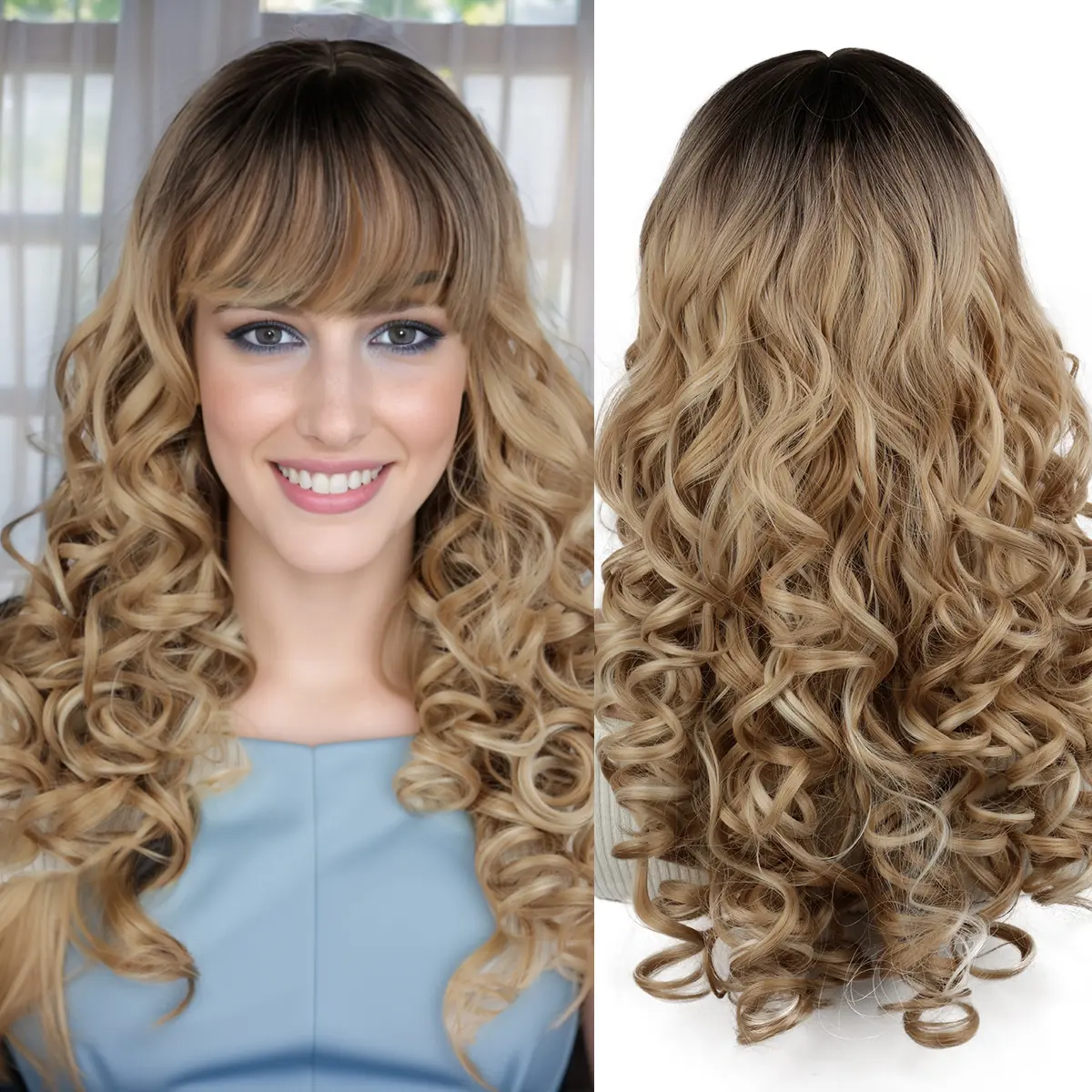 Full Bangs Golden Brown Gradient Long Curly Wig for Women Synthetic Hair Export Factory Wholesale Wigs synthetic heat resistant fiber lace  front  vibes synthetic wig platinum underlights curly hair wig party brown highlight fake hair