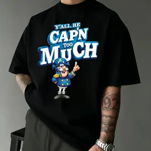 Men's Funny Cartoon Captain Graphic T-Shirt, "Y'all Be Cap'n Too Much" Humorous Quote Casual Tee, Streetwear Top