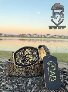 San Judas gold leather belt, laser cut design