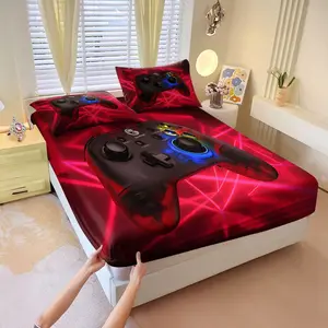 3Pcs Futuristic Gaming Controller Fitted Sheet Set, Black Semi Transparent Design with Colorful Accents, Illuminated Joystick and Buttons, Perfect for Game Theme Bedroom Decor. Includes 2 Pillowcases, No Pillow Core