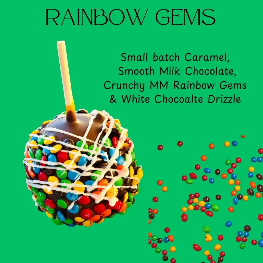 Copperpot Caramel Apple Rainbow Gem MM Candy - Large Crisp Granny Smith Apple Coated in Signature Copper Pot Caramel with Chocolate Toppings