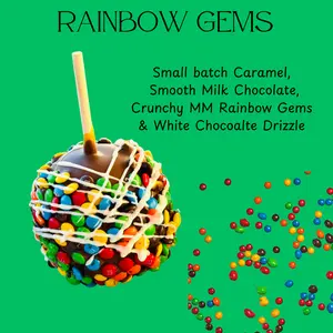 Copperpot Caramel Apple Rainbow Gem MM Candy - Large Crisp Granny Smith Apple Coated in Signature Copper Pot Caramel with Chocolate Toppings