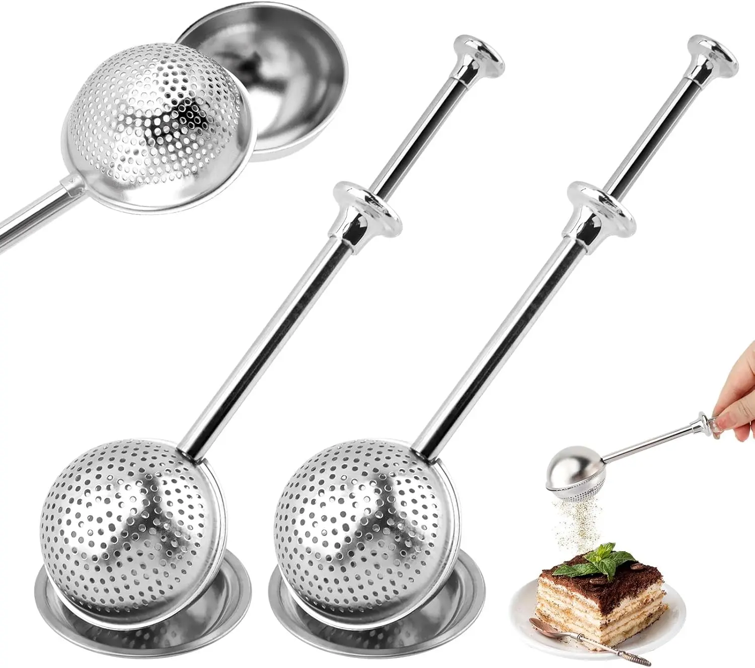 2 Pack Flour Duster for Baking with Catch Tray, 304 Stainless Steel Flour Sifter with One-Hand Spring Handle, Fine Mesh Sugar Dispenser for Sugar and Spices