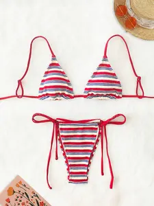 Vintage Blue Striped Triangle Bikini Set, Side Tie Detail, Sexy Strapless Design Two-Piece Swimsuit, Beach Vacation Photo Ready Swimwear for Women, Vintage Stripe Pattern