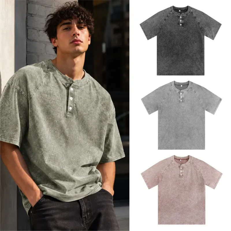 3 Pack Men’s Distressed Henley Shirt, Retro Washed 3-Button Short Sleeve T-Shirt, Relaxed Fit Casual Streetwear Top for Everyday Wear