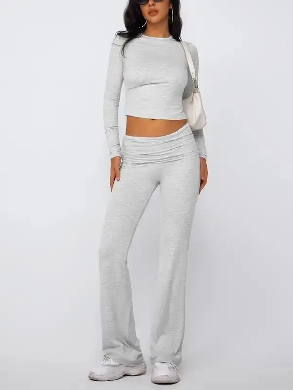 Two-piece Set Women's Solid Long Sleeve Crop Top & Flare Leg Pants Set, Summer Outfits 2024, Casual Fashion Cozy Top & Bell Bottom Trousers, Oktoberfest Outfit, Womenswear Co Ord Set Autumn Winter Outfit, Cute Winter Outfits, Rave Outfits